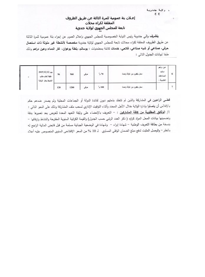 إعلان بتّة عمومية للمرة الثالثة عن طريق الظروف المغلقة لكراء محلات تابعة للمجلس الجهوي بعين دراهم